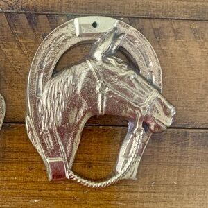 Vintage MCM Set of Solid Cast Brass Horse-Head Horseshoe Door Knockers